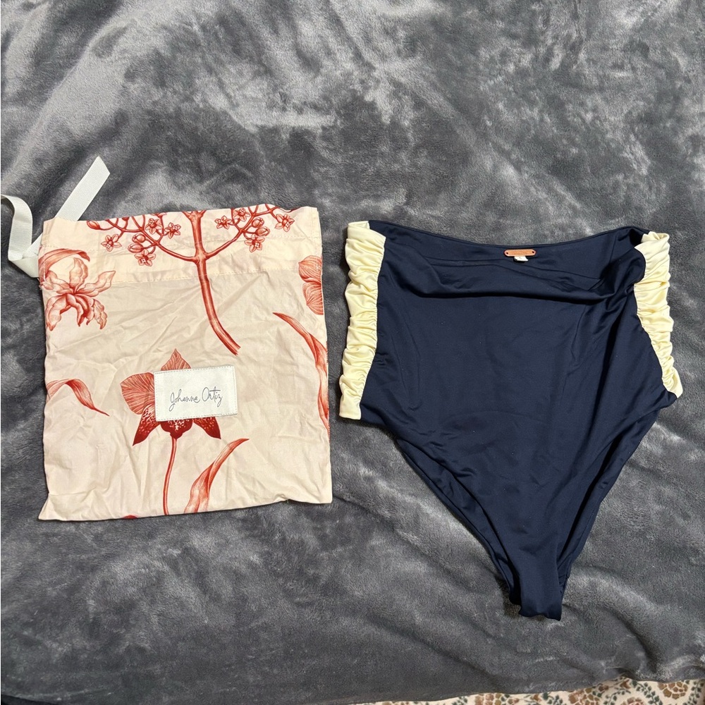 Johanna Ortiz Navy High-Waisted Bikini Bottoms with Cream Accents